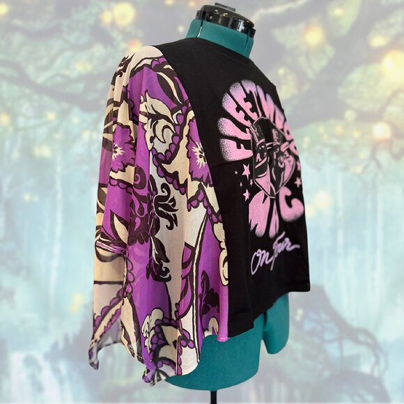 Fleetwood Mac Penguin Graphic Tee Upcycled w/ Kimono Mesh Sleeves S/M - Picture 3 of 5